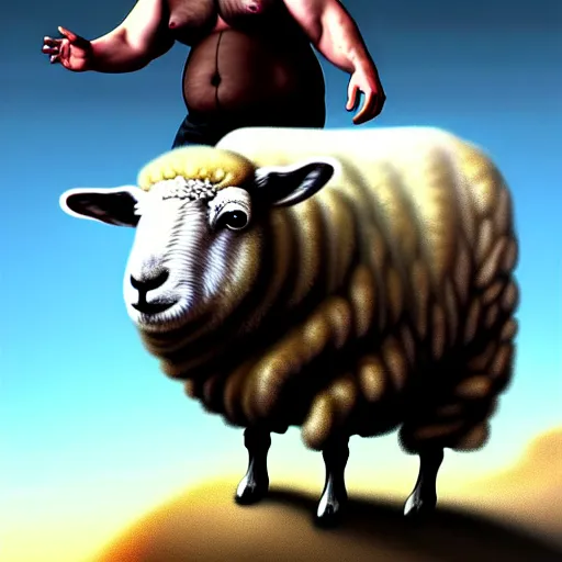 Prompt: morbidly obese keanu reeves climbing up onto a texel sheep, elegant intricate digital painting artstation concept art by mark brooks and brad kunkle detailed