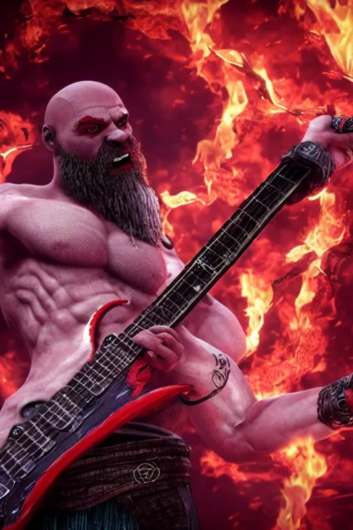 Prompt: screaming kratos rocking out on a flaming stratocaster guitar, cinematic render, god of war 2 0 1 8, playstation studios official media, lightning, flames, red stripe, red stripe, red stripe, red stripe, clear, coherent