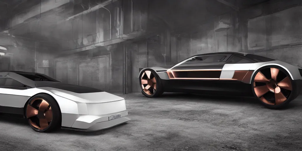 Image similar to a design of a futuristic DMC Delorian, designed by Polestar, blade runner background, stained antique copper car paint, white wheel rims, black windows, sportscar, dark show room, dramatic lighting, hyper realistic render, depth of field