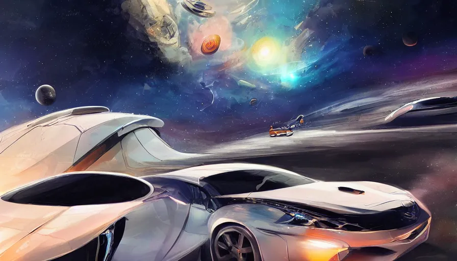 Image similar to whitr and royal blue luxurious concept sportscar driving down on a luxurious road on interstellar solar system with nearby planets seen from the distance, advanced highway, star trek style, by peter mohrbacher, jeremy mann, francoise nielly, android james, ross tran, beautiful, award winning scenery, 4 k, clean details, serene, sakura season