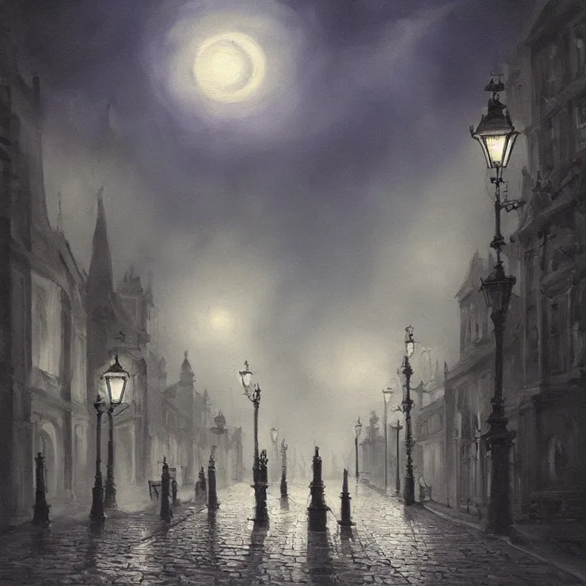 Prompt: beautiful painting of old London street scene spooky dark fog in the moonlight fantasy mystical