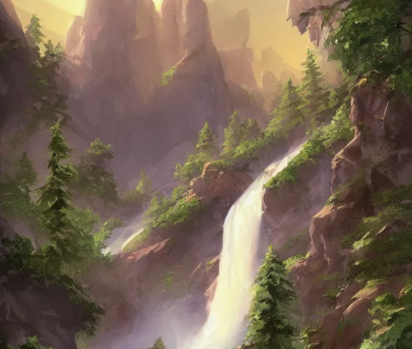 Image similar to Champion Falls. Waterfall amongst the tall dusky mountains. Digital Illustration by John Avon. #mtgart #digitalillustration #johnavon