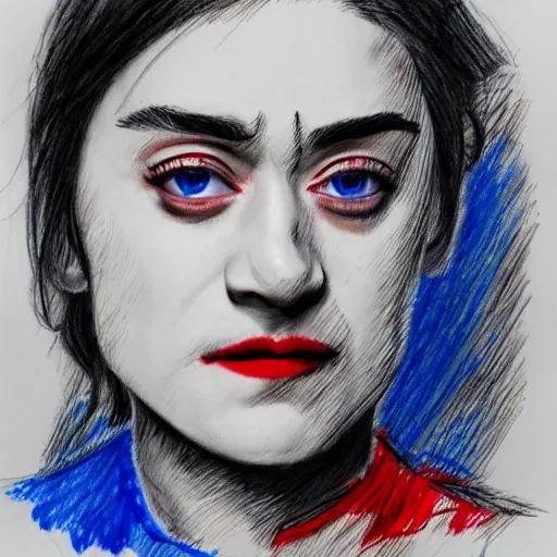 Image similar to loosely crosshatch sketch of venus arya stark drawn with red and blue ballpoint on white paper