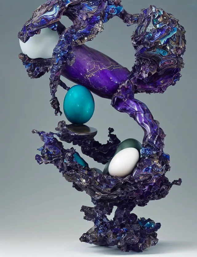 Image similar to a sculpture of a winged child made from blue and emerald and amethyst crystal geode formations with a marble egg with obsidian base with liquid gold tendrils flowing by ellen jewett by stanisław szukalski, octane render, byzantine, spirals, elestial crystals, geode,