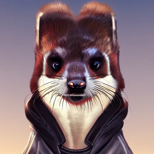 Image similar to cyberpunk anthropomorphic ferret pine marten with mohawk, wearing leather jacket, medium shot portrait, digital painting, trending on ArtStation