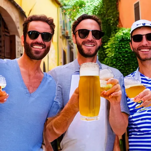 Prompt: The boys on vacation in Italy and toasting with some Italian beer, 4K HD, photography, realistic