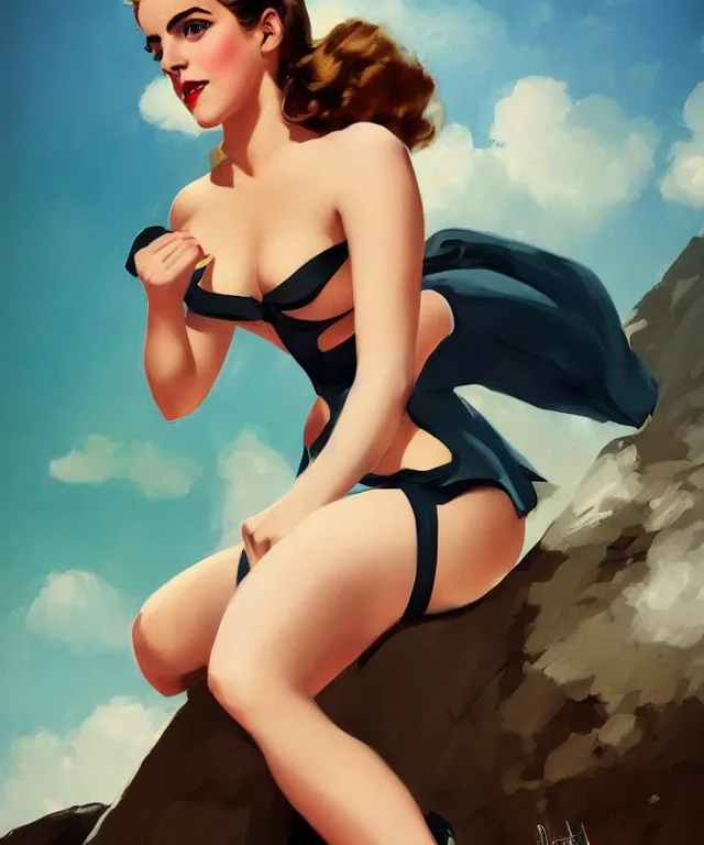 Prompt: emma watson pinup style Gil Elvgren, pinup pose, elegant, digital painting, artstation, concept art