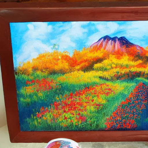 Image similar to paint acrylic a mountain with a three and a flowers field in autumn