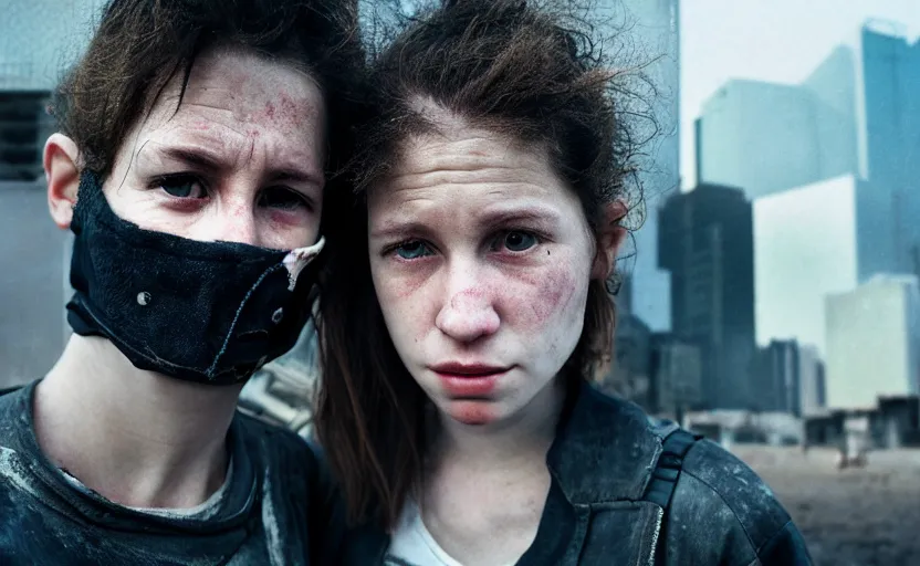 Prompt: cinestill 5 0 d photographic portrait by helen levitt of a white and mixed female android adult couple wearing rugged black techwear in a brilliant cyberpunk city, extreme closeup, modern cyberpunk, dust storm, 8 k, hd, high resolution, 3 5 mm, f / 3 2, ultra realistic faces, intricate detail, ex machina