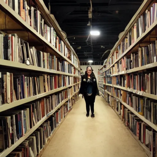 Prompt: horrors strutting about in a room filled with shelves full of books