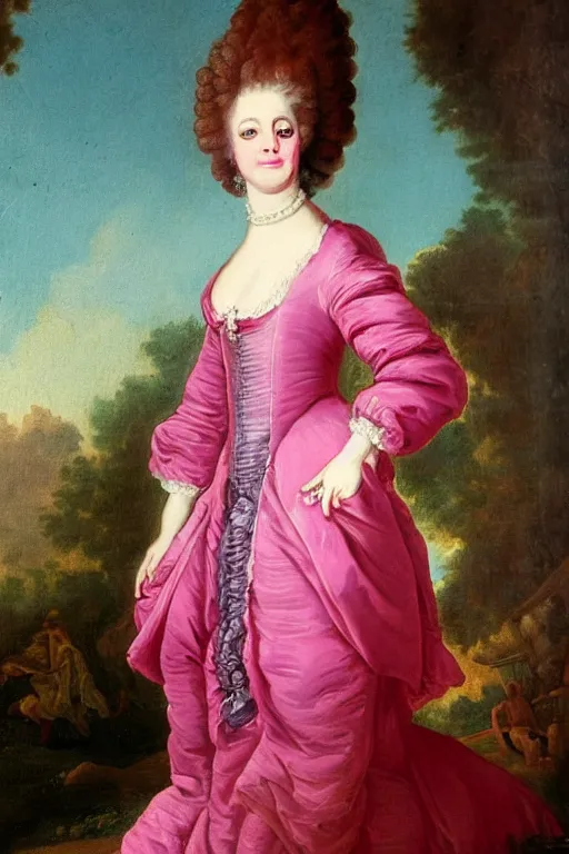 Prompt: 1780s oil painting portrait of a drag queen (man in drag) in glamorous extravagant pink rococo ladies fashion