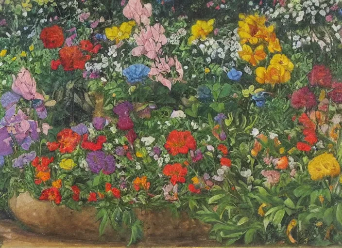 Prompt: a painting of flowers in a garden by juvenal sanso, detailed