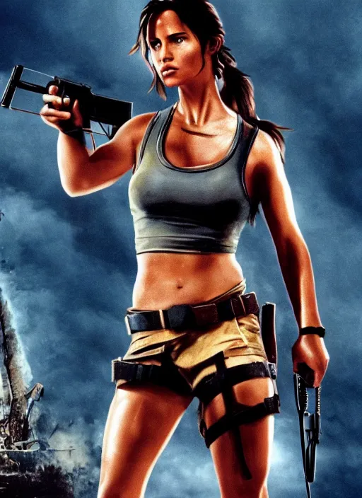 Prompt: film still of Lara Croft in Die Hard, thicc body, large chest, cinematic shot, 4k