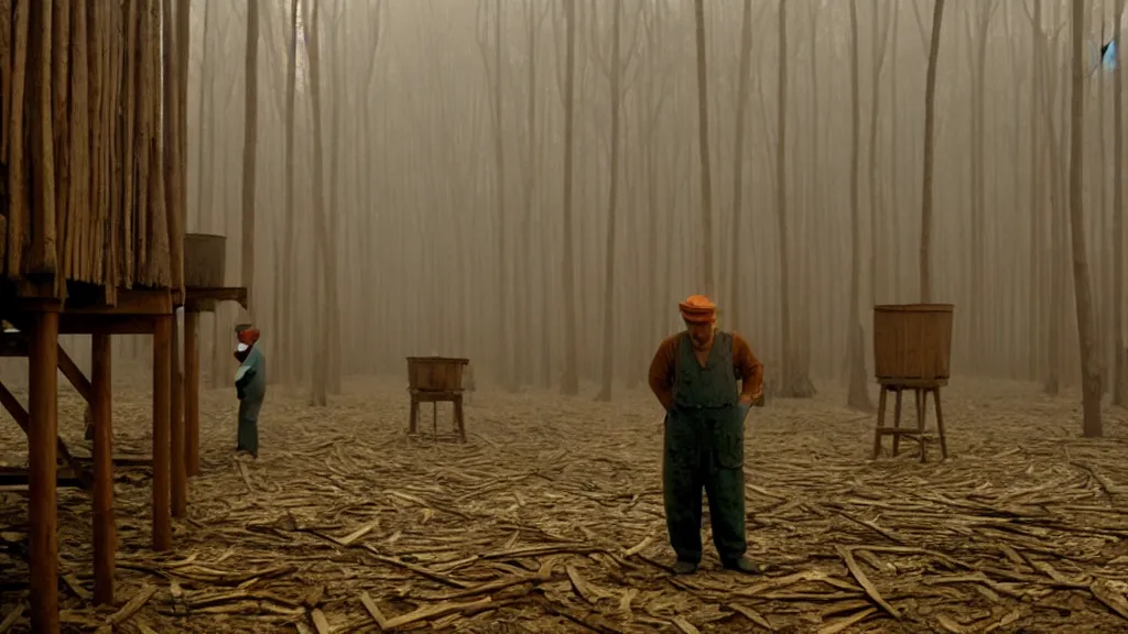 Prompt: a man working in a wood factory, film still from the movie directed by wes anderson with art direction by zdzisław beksinski, wide lens