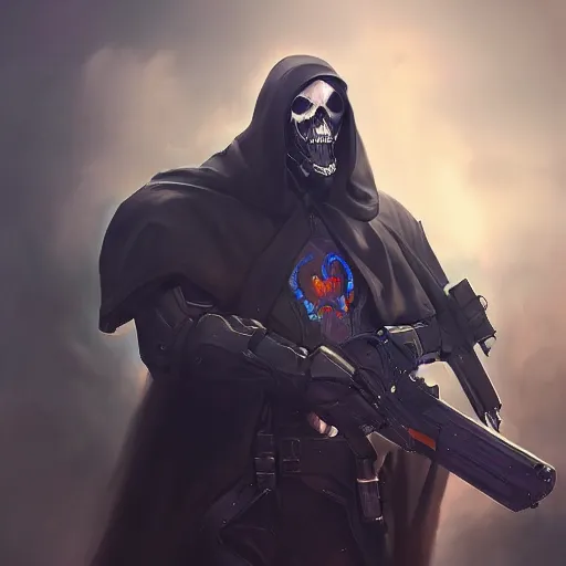 Image similar to portrait painting of reaper overwatch, photorealistic, extreme detail, sharp focus, 8 k, intricate, hyper detailed, realistic, cinematic lighting