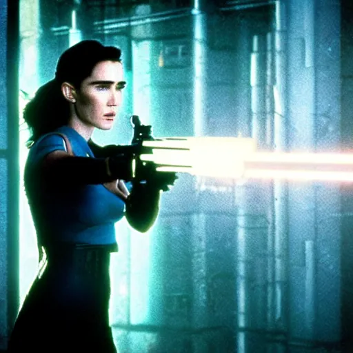 Image similar to jennifer connelly starring in a cyberpunk movie in a distopic futuristic city in the style of bladerunner, firing a gun, muzzle flash, movie still, highly detailed, rainy night, volumetric lights, dramatic, scifi, sharp focus