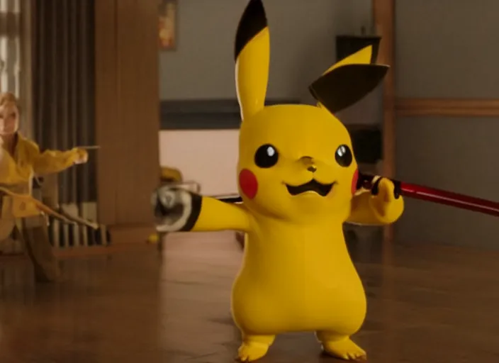 Prompt: film still pikachu with katana in dojo in kill bill film by tarantino, 8 k