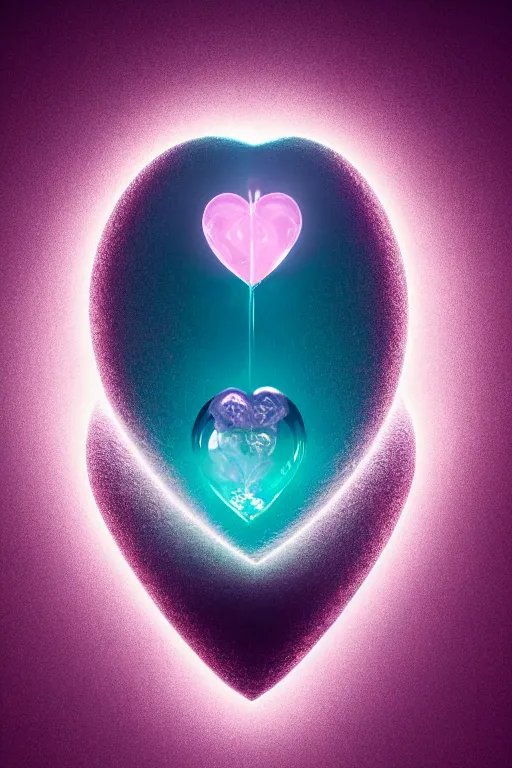 Prompt: A symmetrical shot of a 3D rose quartz faberge egg shaped like a human heart centered in the middle filled with layers of caustic lights and dust explosions, rendered in octane, 8k post-processing , volumetric lighting, light background, shot in 35mm, film grain, soft edges