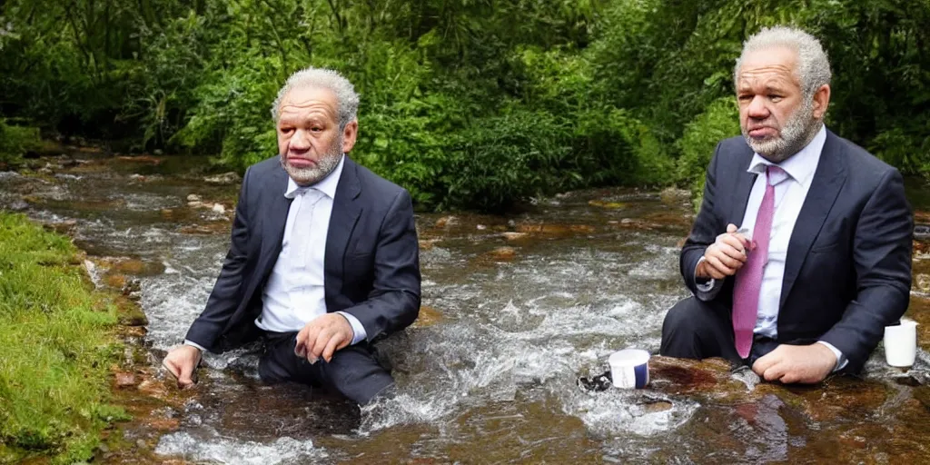 Prompt: alan sugar drinking from a stream