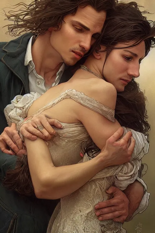 Image similar to portrait of a man in dhl van hugging his wife, feelings, romantic, fantasy, intricate, elegant, highly detailed, digital painting, artstation, concept art, smooth, sharp focus, illustration, art by artgerm and greg rutkowski and alphonse mucha