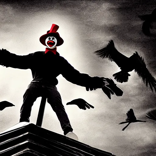 Image similar to A clown on the roof of the church playing with crows, futurist, digital art, dramatic lighting, symbolic