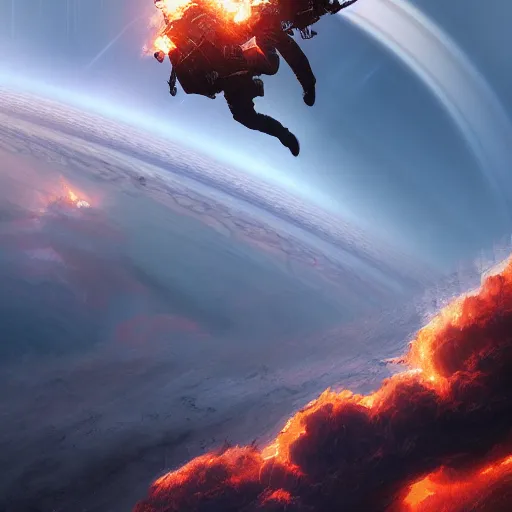 Image similar to burning incinerating 2 0 4 0 astronaut falling through the majestic clouds of jupiter, by cedric peyravernay and feng zhu, highly detailed, excellent composition, cinematic concept art, dramatic lighting, trending on artstation