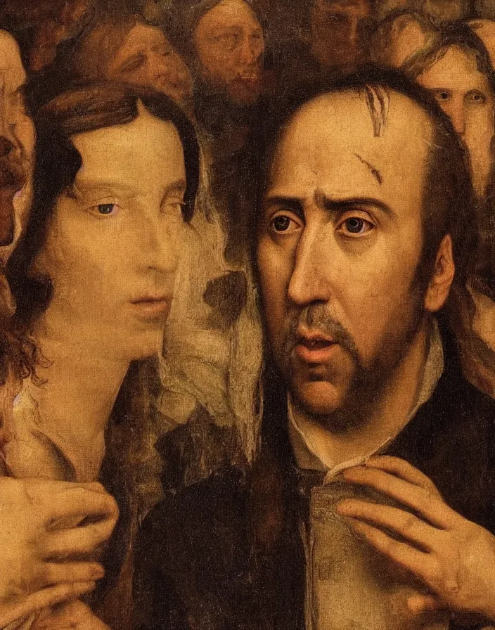 Prompt: a renaissance painting of nicolas cage made of gold by Zygmunt Waliszewski