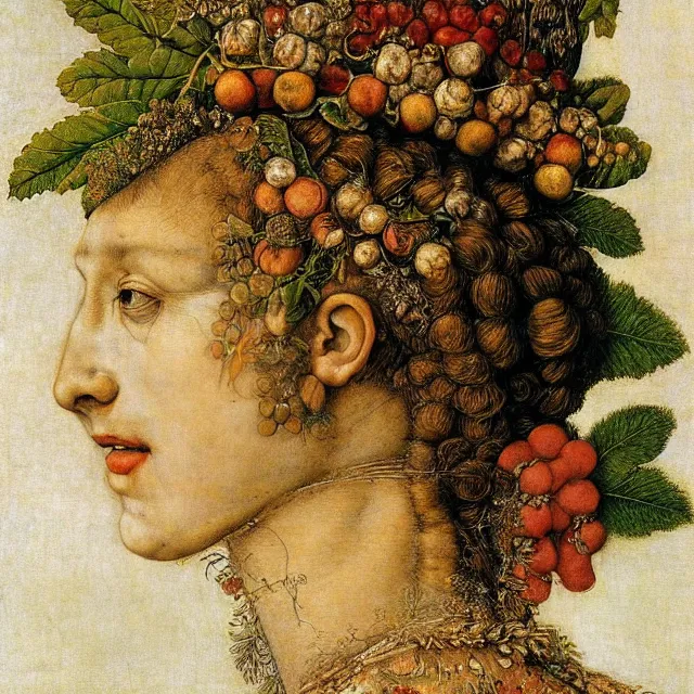 Image similar to a beautiful profile portrait of a beautiful female, leaves, by giuseppe arcimboldo.