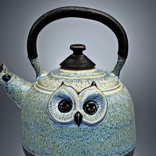 Prompt: still life photograph of an owl kettle, glazed ceramic, tilt shift, very beautiful, global illumination, intricate linework, short spout