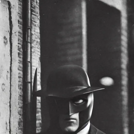 Prompt: old black and white photo portrait, 1 9 2 5, close - up portrait depicting batman with his head down in alley of new york city, rule of thirds, historical record