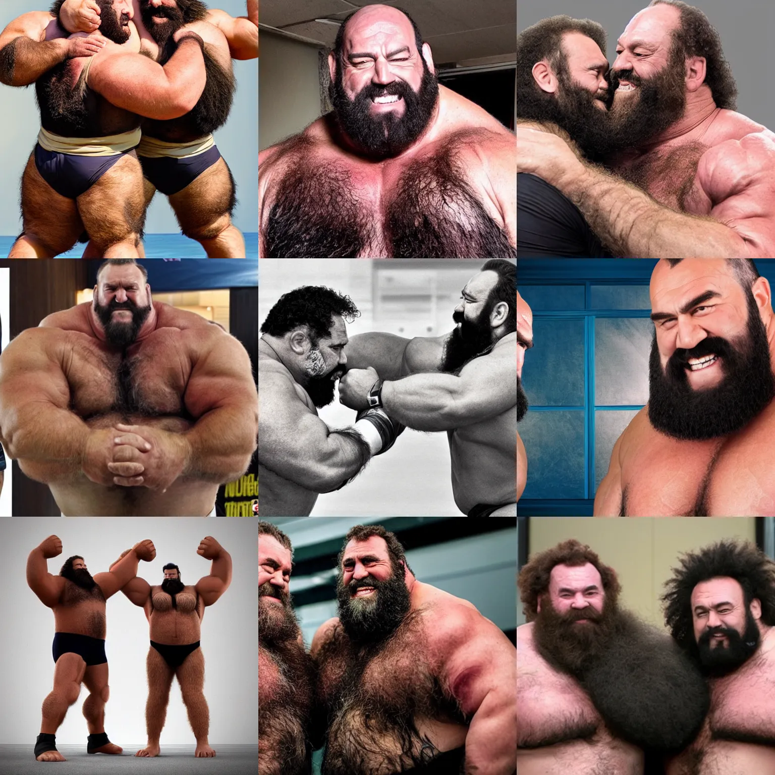 Prompt: two big hairy strongmen merging into one