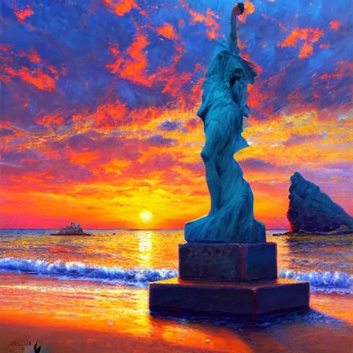 Image similar to acrylic painting, impressionism and expressionism, strong emotional impact, bold pastel colors, expressive brushstrokes. by peter mohrbach and mark keathley. fantasy illustration of the shore of the island of monuments and statues. spectacular sunset, stone monuments on the beach. beautiful and vivid trending on artstation hq 8 k contest winner # wow