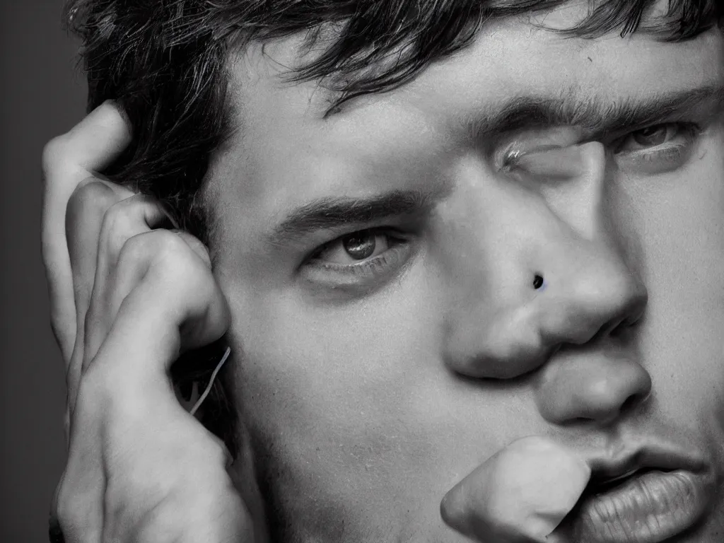 Prompt: close - up photo of a young man with spaghetti on his ears by helmut newton, photorealistic, rim light, 4 k resolution, trending on artstation