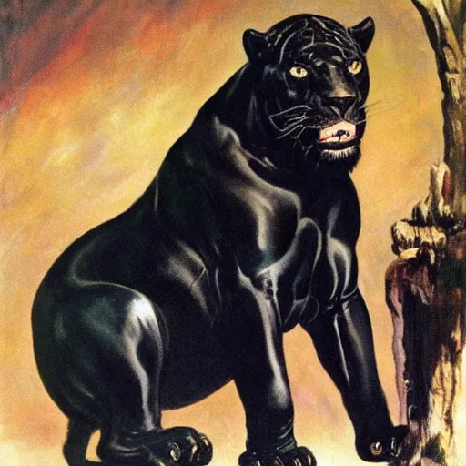 Prompt: a large black jaguar with the head of a beautiful dark-haired woman, Frank Frazetta