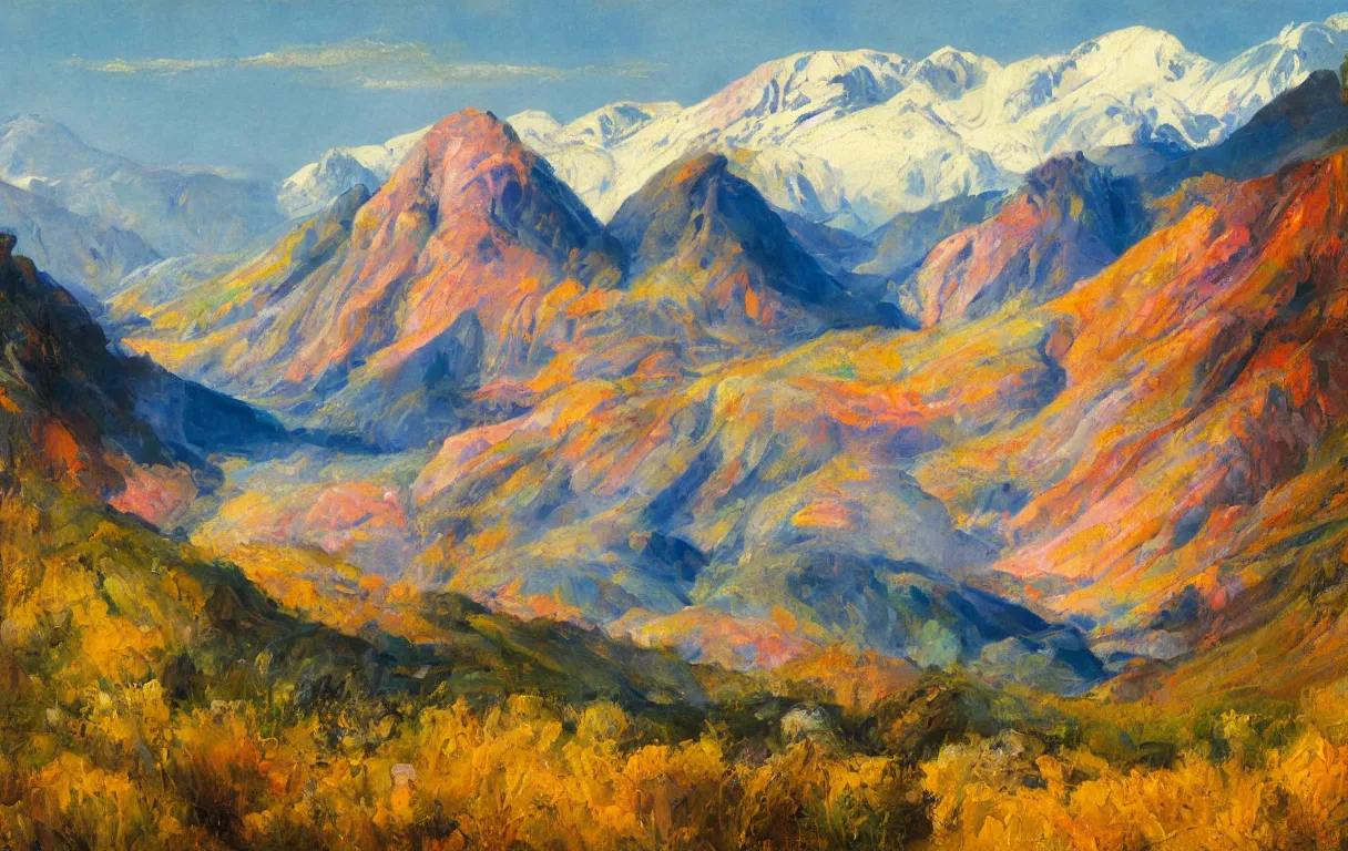 Prompt: Realist colorful impasto painting of the Salmon River mountains by John Harris, 4k scan, oil on canvas, visible brushstrokes