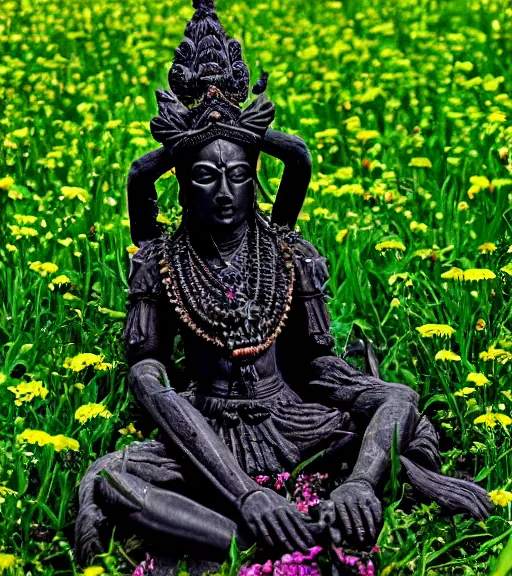 Image similar to mystical hindu black death god statue in tall meadow of flowers, dslr photo, grainy, high detail, high resolution