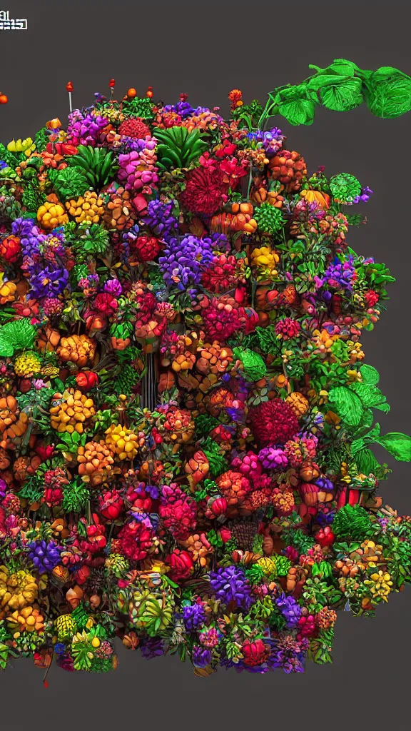 Image similar to a detailed render of a modular synth made of flowers and fruits, redshift renderer, hyperdetailed, 4k, soft lit