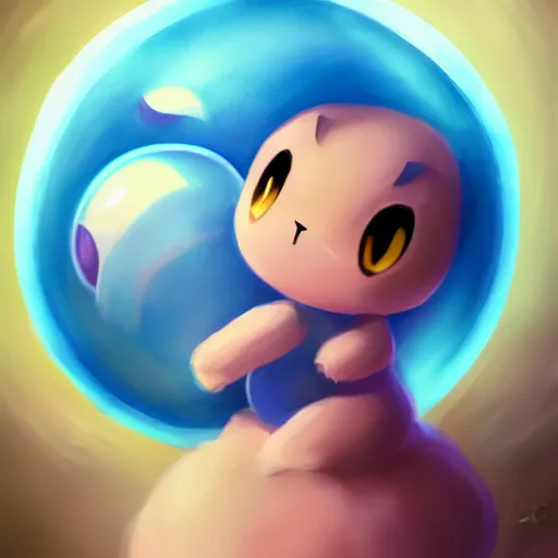 Image similar to cinematic portrait of cute Mew riding large blue bubble, oil on canvas in the style of Pokemon, epic masterpiece, trending on artstation, featured on pixiv, cinematic composition, dramatic pose, beautiful lighting, sharp, details, hyper-detailed, HD, HDR, 4K, 8K