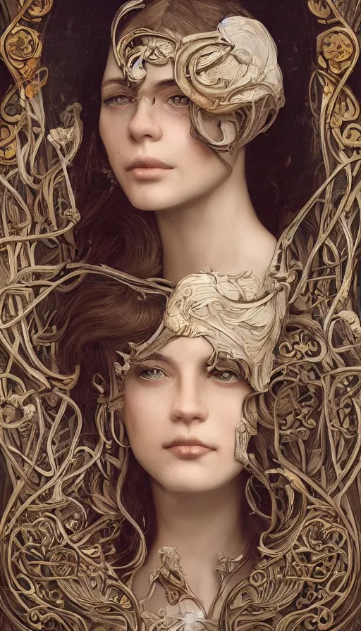 Image similar to An extremely beautiful Art Nouveau ornate portrait of a young attractive woman with a beautiful bone structure, professionally painted digital art illustration, smooth, sharp focus, atmospheric lighting, highly detailed illustration highlights, golden ratio, extremely detailed winning award masterpiece, 8K post-processing, trending on artstation flawless