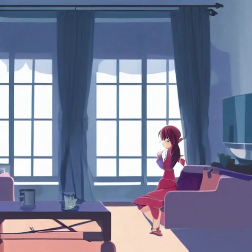 Prompt: girl sits on the sofa and listens to music, the sun shines through the window, by kyoto animation