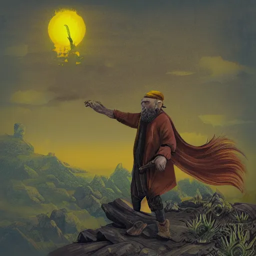 Prompt: an old man with 7 yellow birds as a rock album cover art, medieval fantasy game