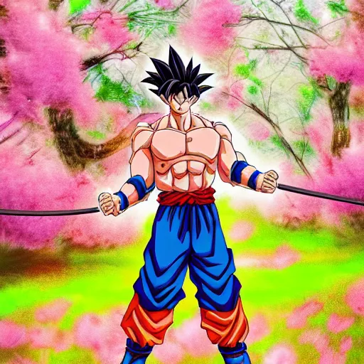 Prompt: Goku samurai in a spring forest full of pink petals, digital art, HDR