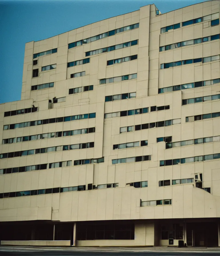 Prompt: office building exterior shaped like an art deco toaster, cinestill 800t 50mm eastmancolor, liminal space