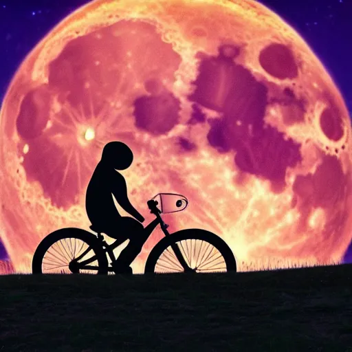 Prompt: e. t. bike moon silhouette, from the movie e. t. the extra terrestrial, trees in foreground, cinematic frame, hd