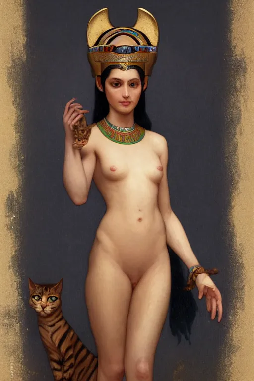 Image similar to portrait of the beautiful egyptian goddess, bastet, bast, woman's body with a cat's head, cat - headed, torchlight in an egyptian tomb, digital art by ruan jia and mandy jurgens and artgerm and william - adolphe bouguereau, highly detailed, soft ligt, trending on artstation, award winning,