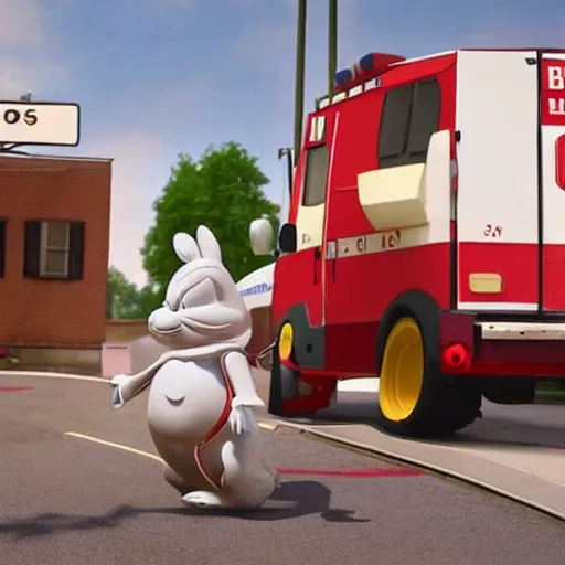 Image similar to big chungus meme, anthropomorphic ambulance shaped like big chungus, fat bugs bunny shaped ambulance, highly detailed 3 d render, unreal engine 5