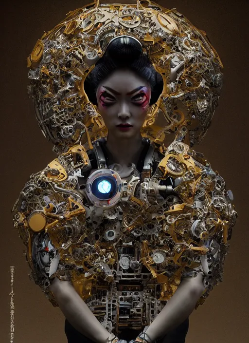 Image similar to portrait of a futuristic geisha cyborg, made from mechanical parts, kintsugi, modern fine art, fractal, intricate, elegant, highly detailed, digital photography, subsurface scattering, in the style of ghost, by jheronimus bosch and greg rutkowski,