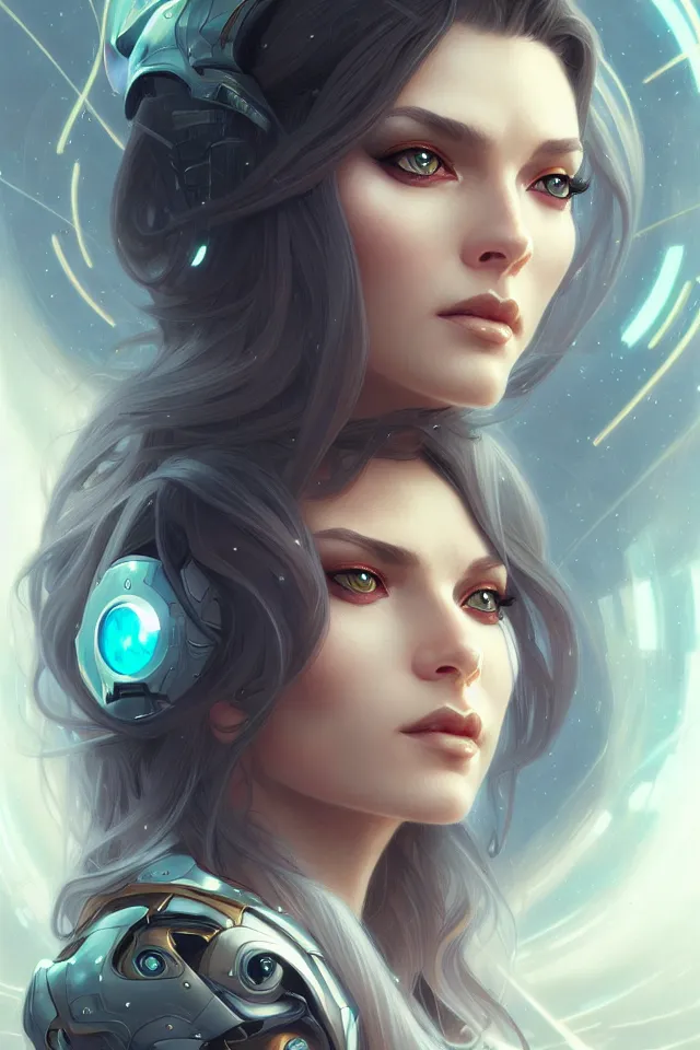 Image similar to futuristic woman portrait, sci-fi, amber eyes, face, long hair, fantasy, intricate, elegant, highly detailed, digital painting, artstation, concept art, smooth, sharp focus, illustration, art by artgerm and greg rutkowski and alphonse mucha