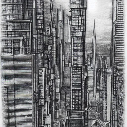 Image similar to a pencil drawing of cyberpunk Manila in the far future