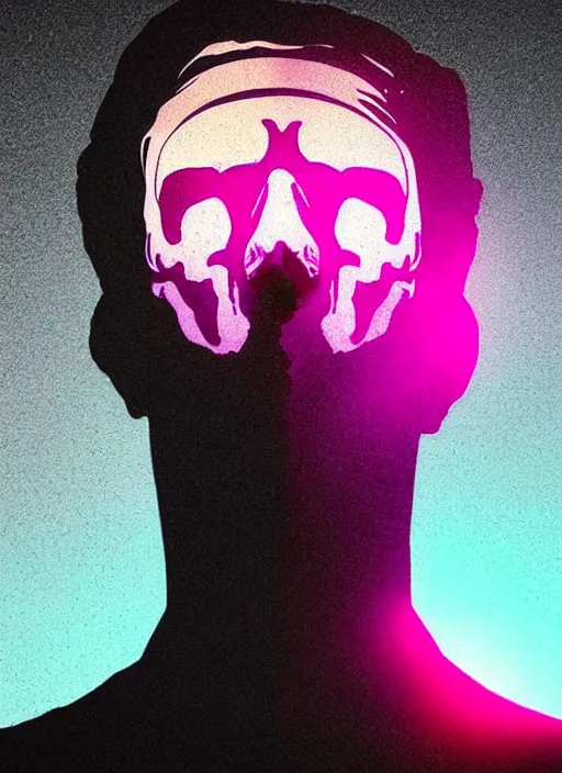 Image similar to statue of hercules, half his face as a skull, beeple, vaporwave, retrowave, abstract neon shapes, tonal separation, black background, glitch, pixel sorting, strong contrast, pinterest, trending on artstation